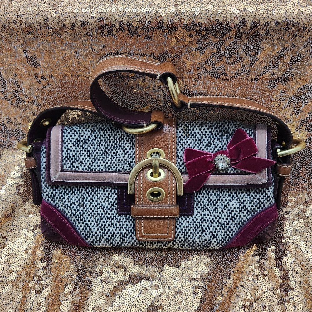 Coach Gray And Black Tweed Velvet Accents Bow Embellished Shoulder Bag